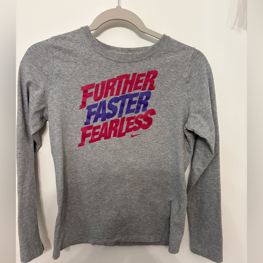 Nike Kids Gray Long Sleeve Tee with pink and Purple Graphic
